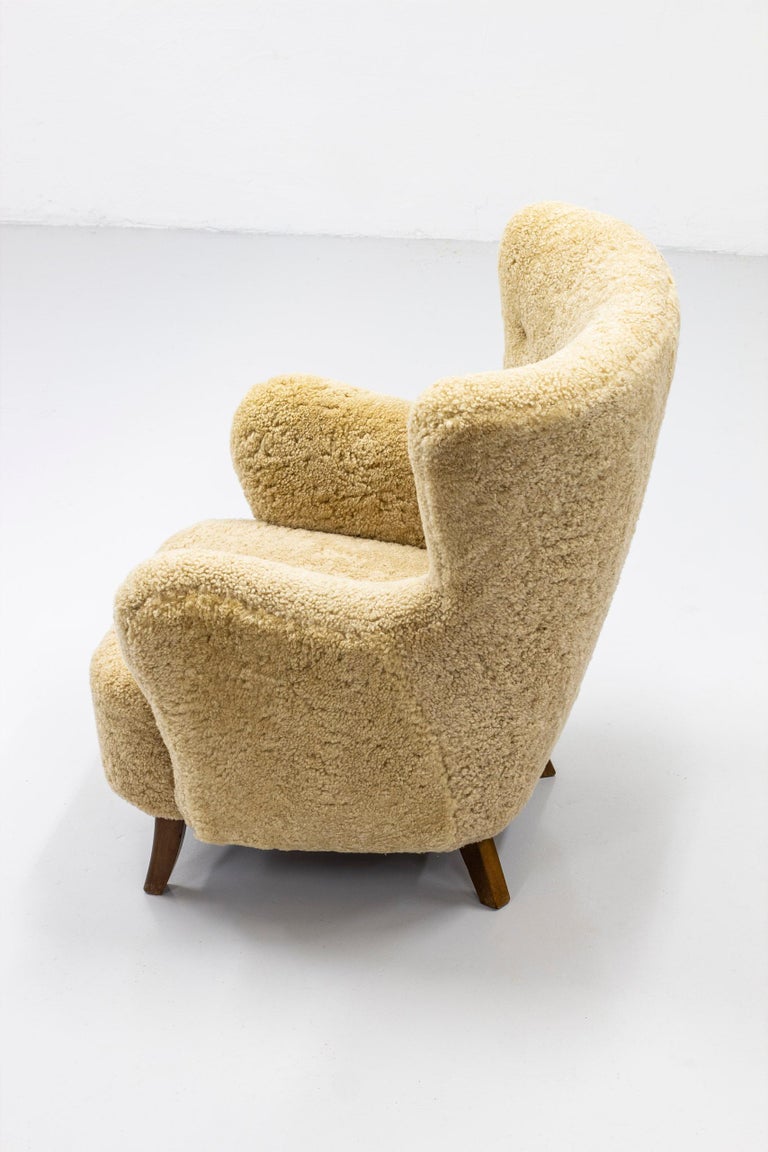 Sheep Skin Lounge Chair by Alfred Christensen, Denmark, 1950s In Good Condition In Hägersten, SE