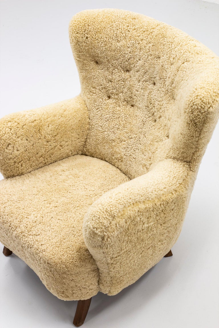 Mid-20th Century Sheep Skin Lounge Chair by Alfred Christensen, Denmark, 1950s For Sale