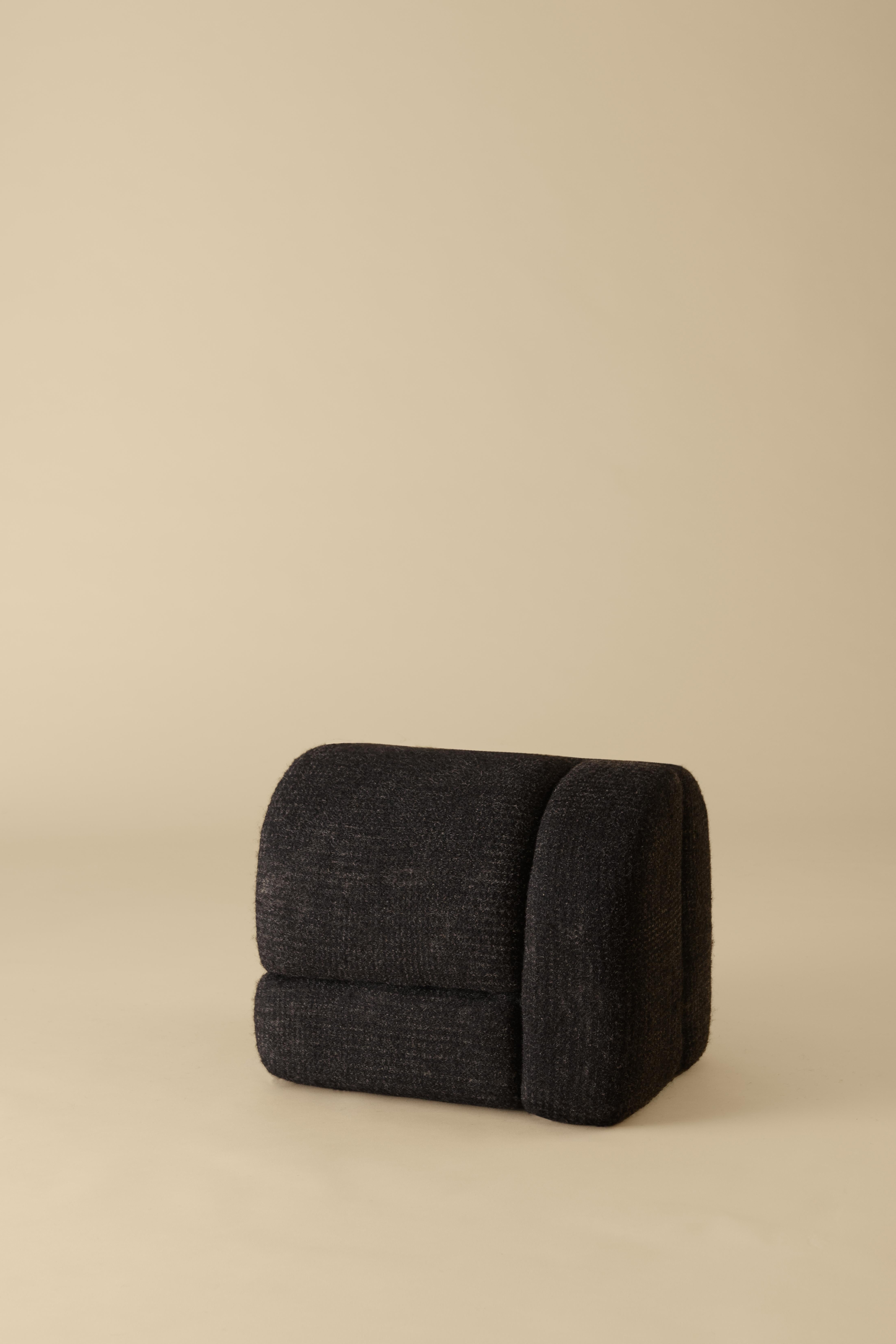 Sheep stool designed by Studio Ahead. The stool is upholstered in custom cream merino wool felt from Northern California sheep 
The stool could be placed on either side horizontally or vertically. Each side design is unique. Designed and fabricated
