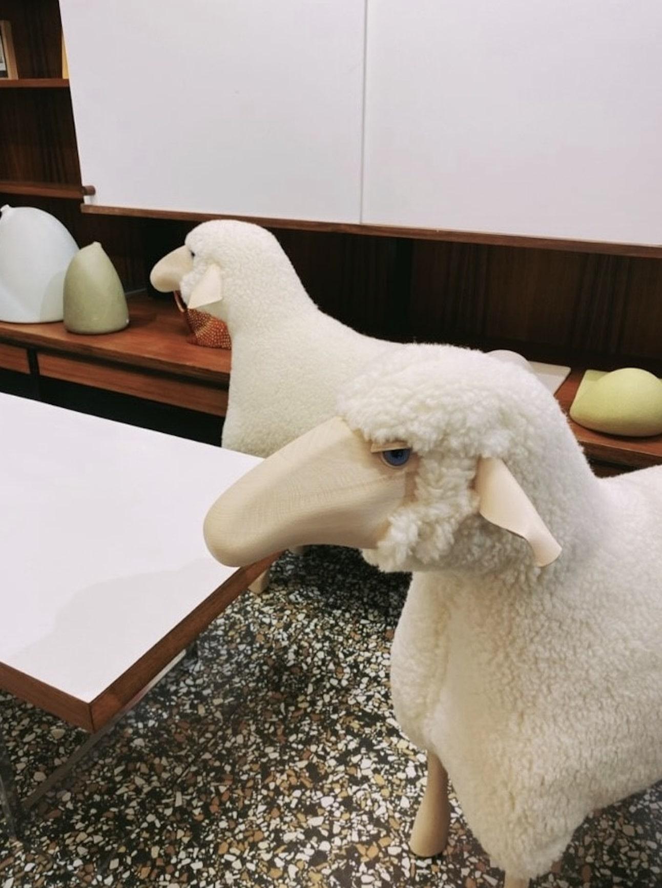 Sheep, white wool plush, beech wood by Hans-Peter Krafft, Meier Germany For Sale 4