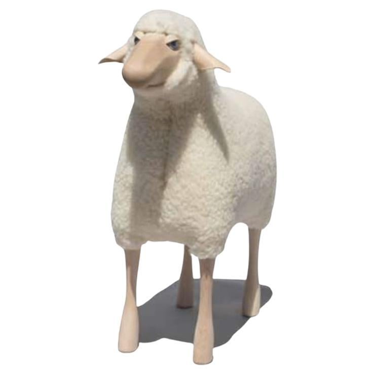 Sheep, white wool plush, beech wood by Hans-Peter Krafft, Meier Germany For Sale