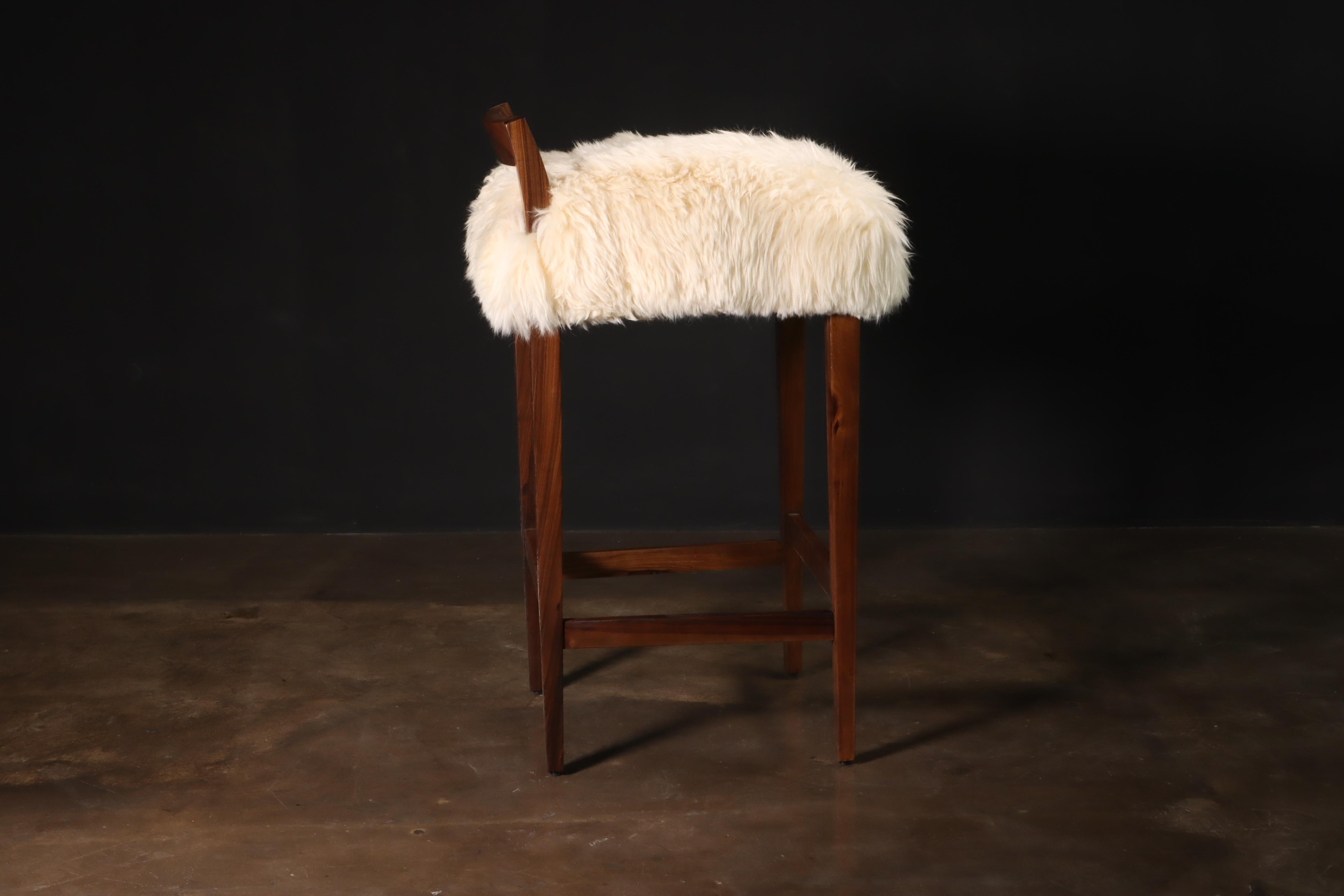 Argentine Sheepskin and Exotic Wood Contemporary Low Back Stool from Costantini, Umberto For Sale