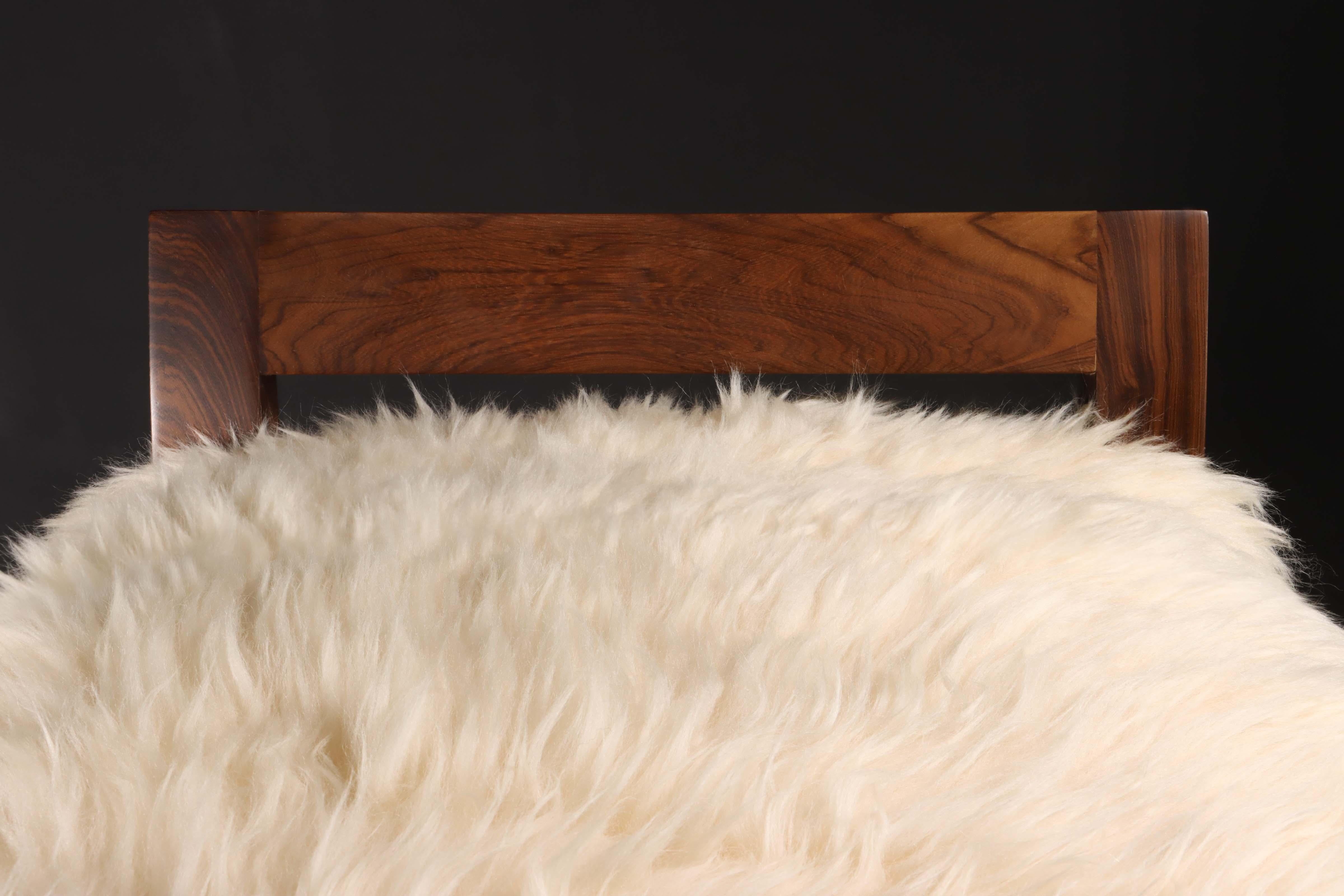Leather Sheepskin and Exotic Wood Contemporary Low Back Stool from Costantini, Umberto For Sale