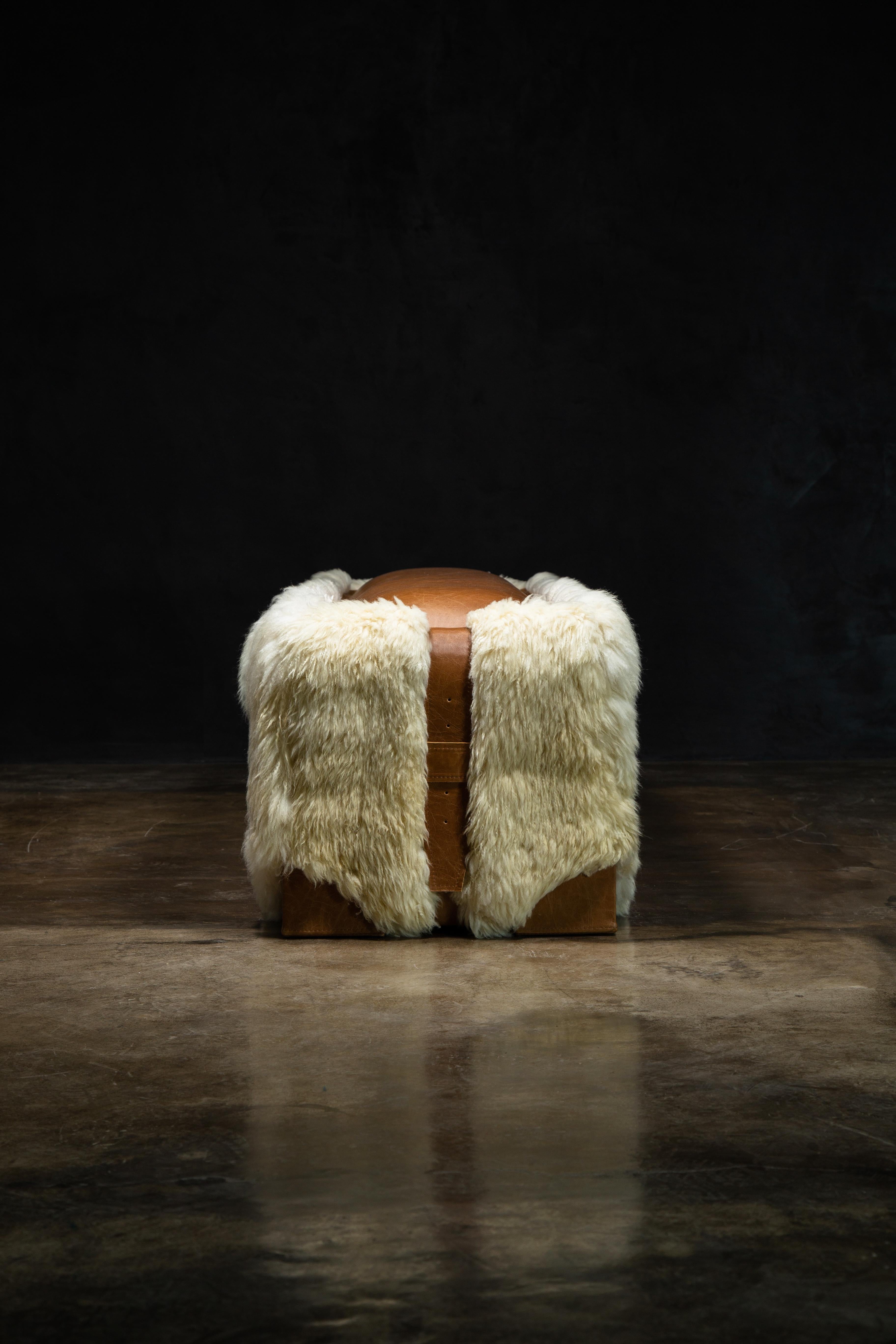 Organic Modern Sheepskin and Leather Custom Contemporary Bench from Costantini, Ovino For Sale