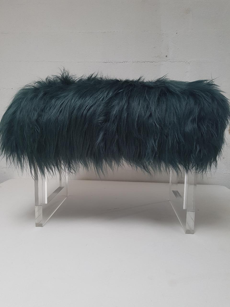 French Sheepskin and Lucite Bench