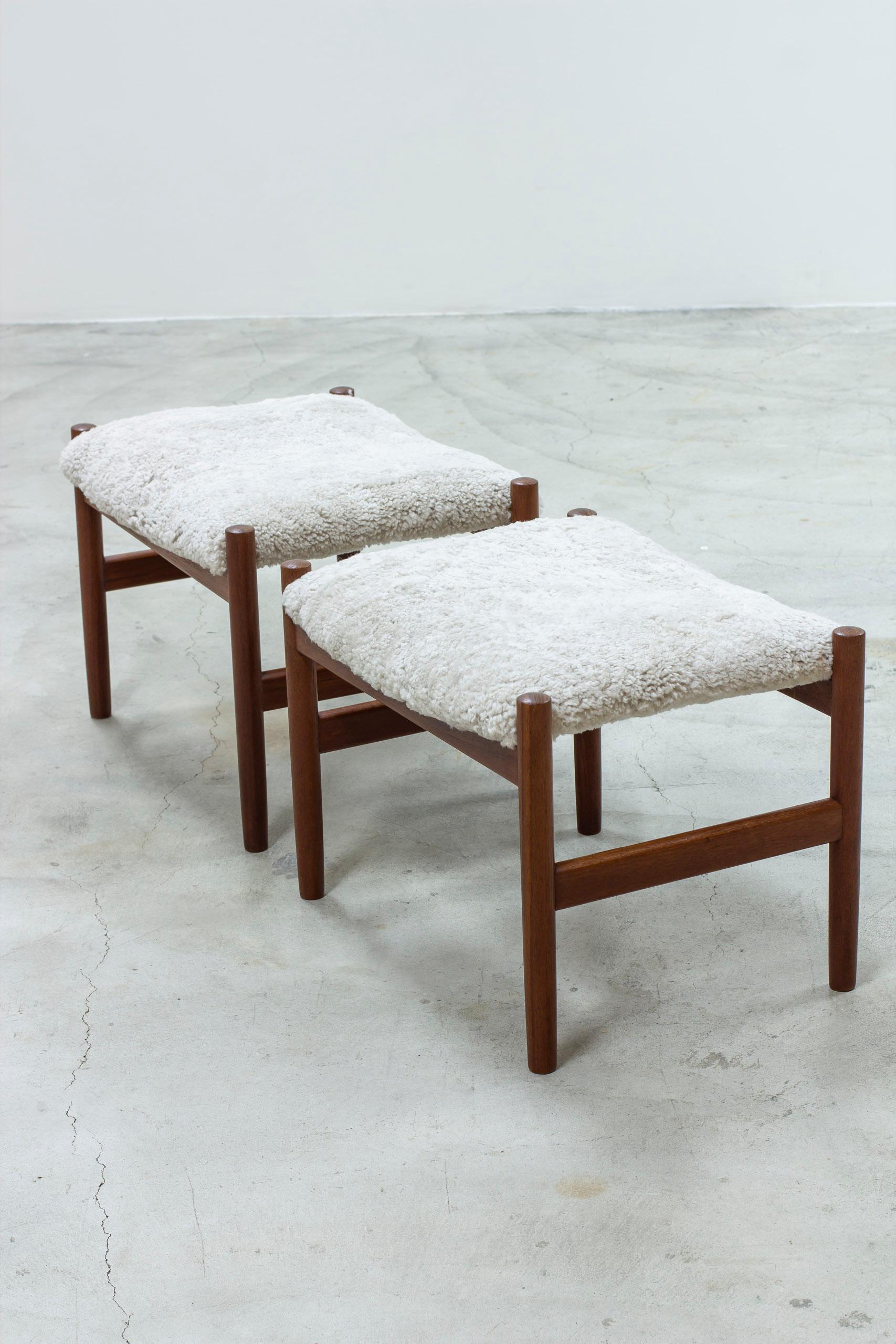Scandinavian Modern Sheepskin and teak stools by Hugo Frandsen, Spøttrup, Denmark