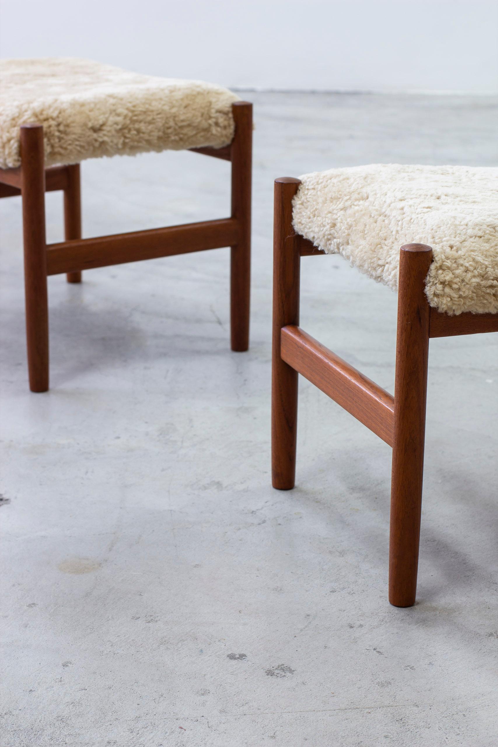 Danish Sheepskin and teak stools by Hugo Frandsen, Spøttrup, Denmark