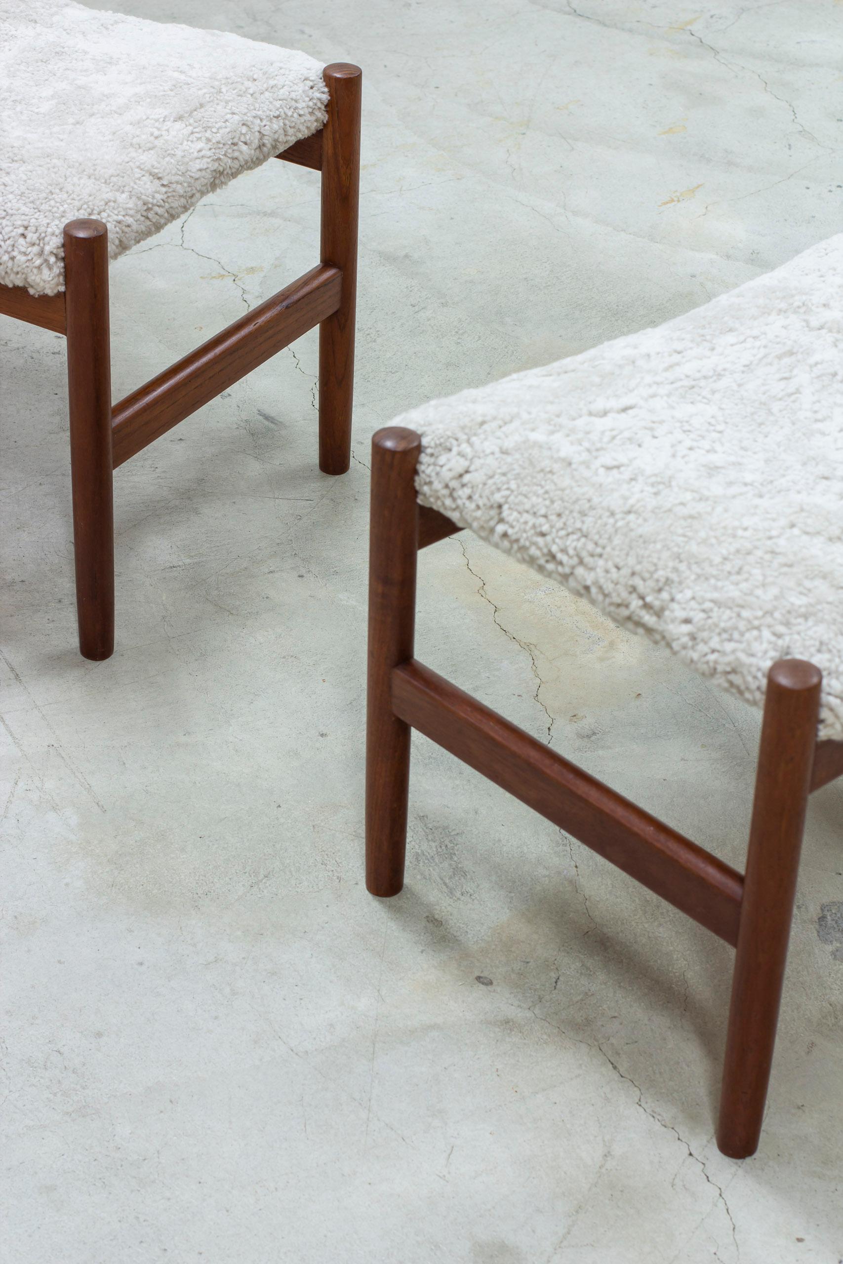 Danish Sheepskin and teak stools by Hugo Frandsen, Spøttrup, Denmark