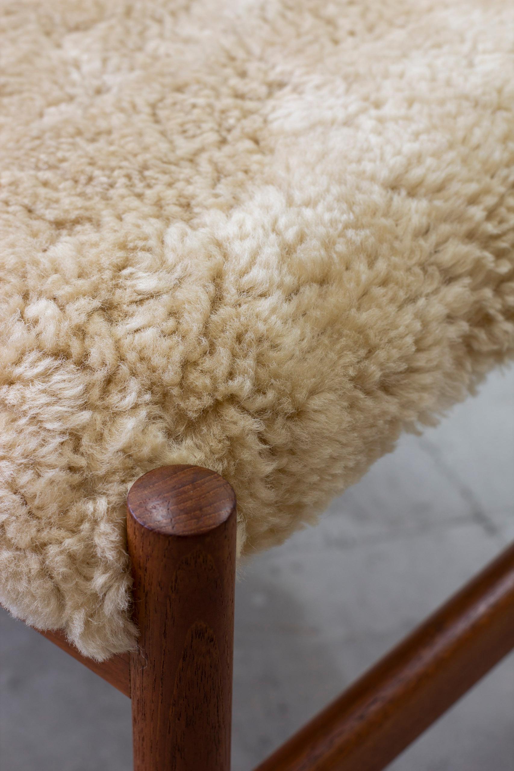 Mid-20th Century Sheepskin and teak stools by Hugo Frandsen, Spøttrup, Denmark For Sale