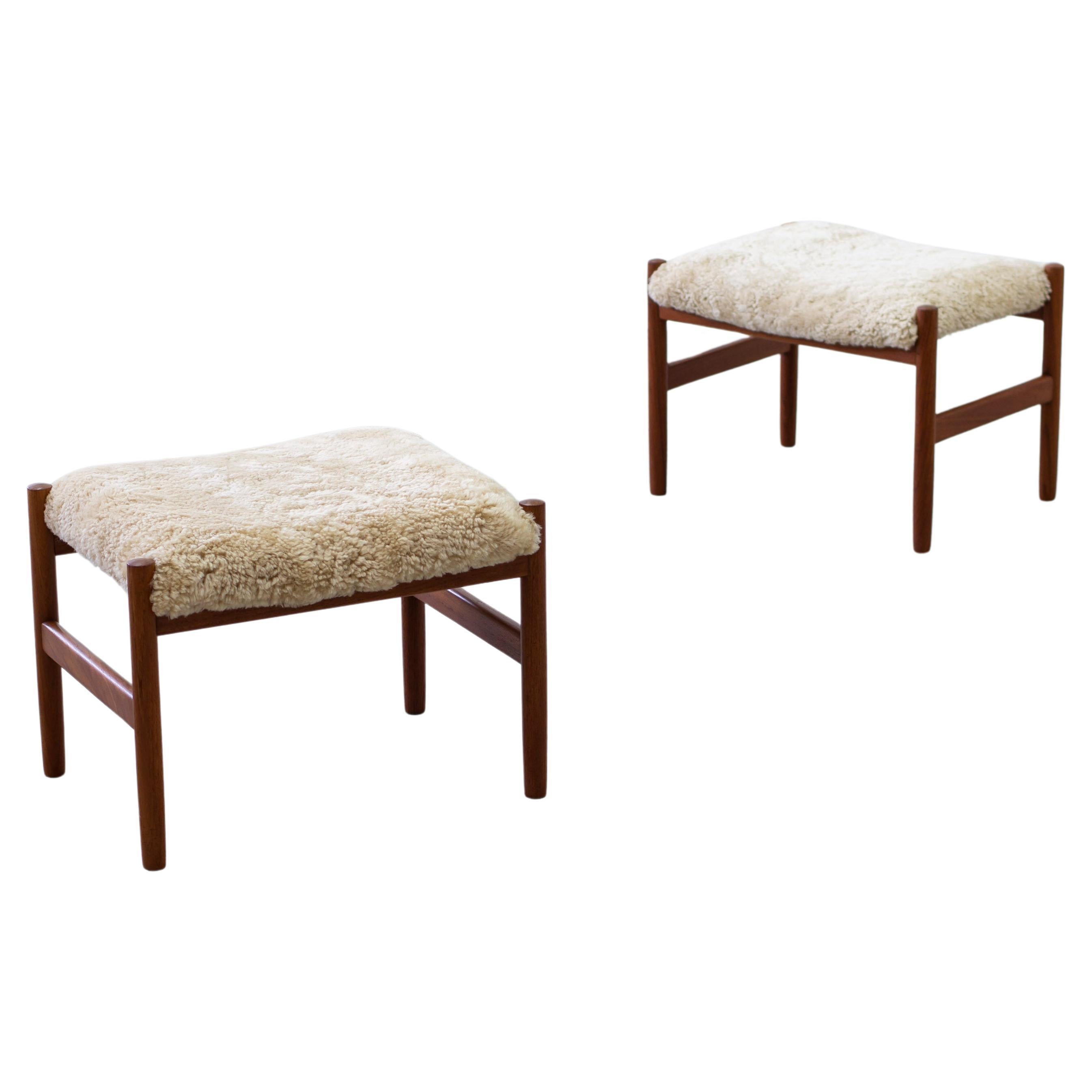 Sheepskin and teak stools by Hugo Frandsen, Spøttrup, Denmark For Sale