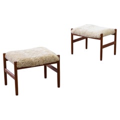 Sheepskin and teak stools by Hugo Frandsen, Spøttrup, Denmark