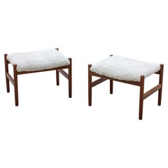 Sheepskin and teak stools by Hugo Frandsen, Spøttrup, Denmark
