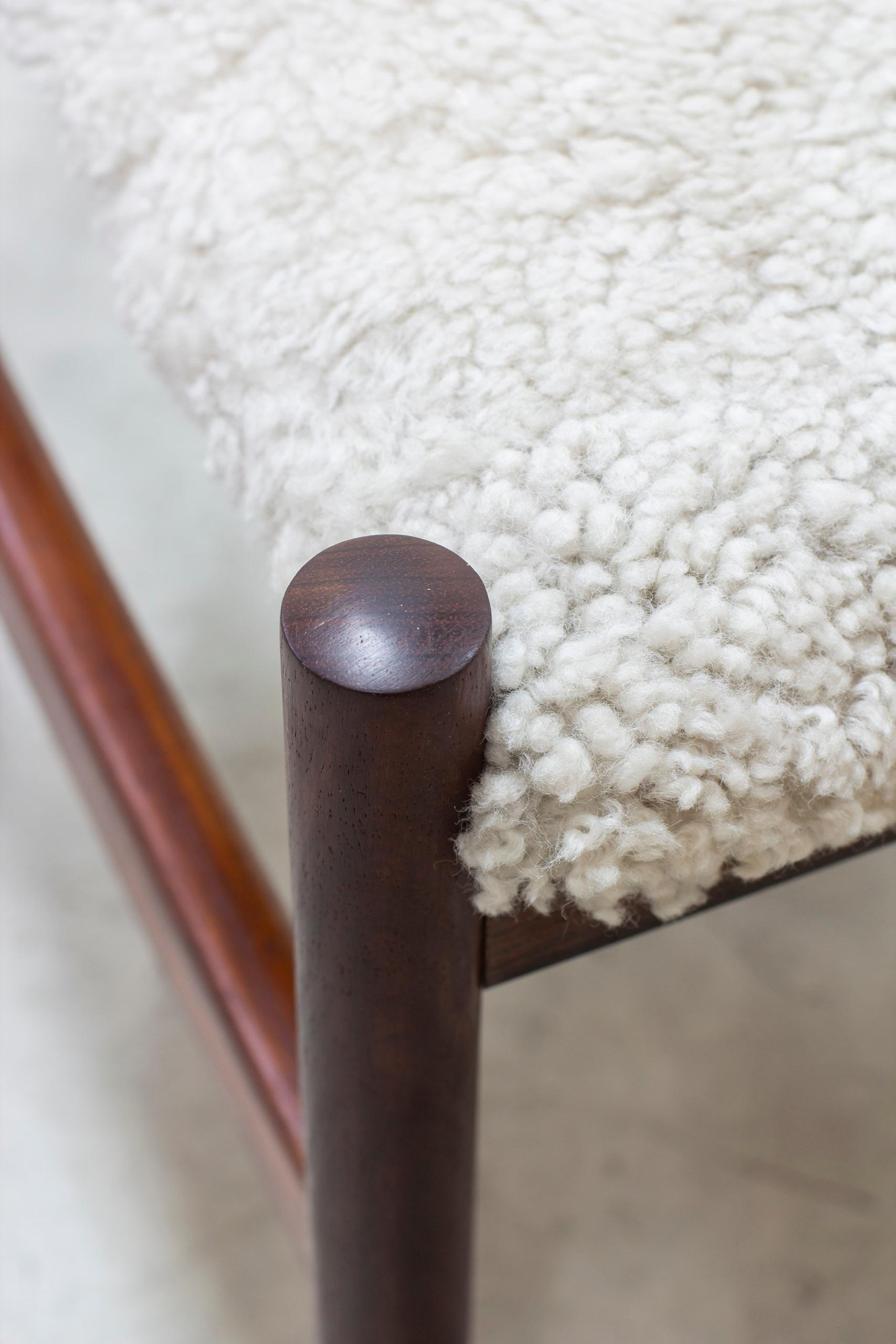 Scandinavian Modern Sheepskin and walnut stools by Hugo Frandsen, Spøttrup, Denmark For Sale