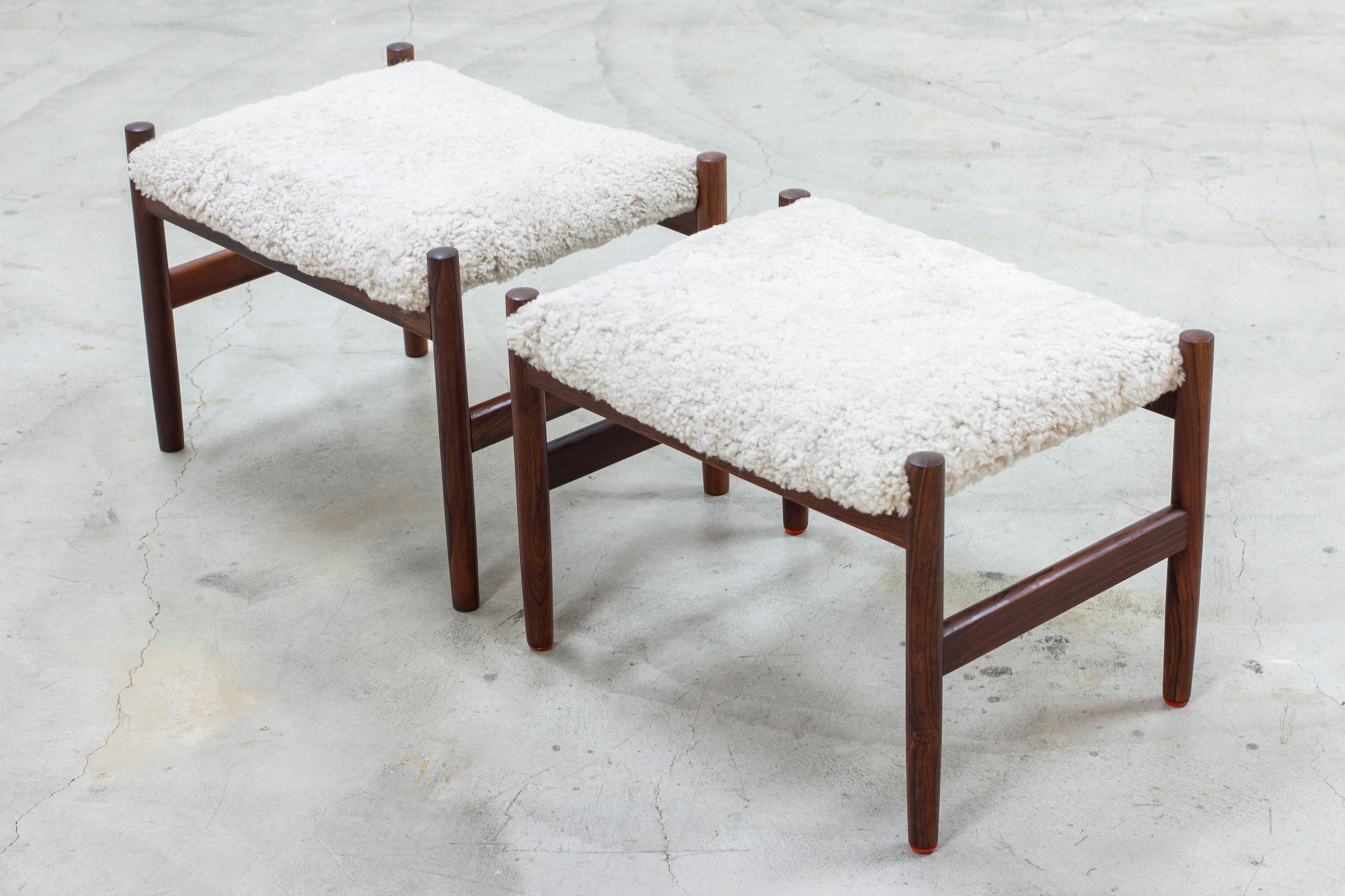 Mid-20th Century Sheepskin and walnut stools by Hugo Frandsen, Spøttrup, Denmark For Sale