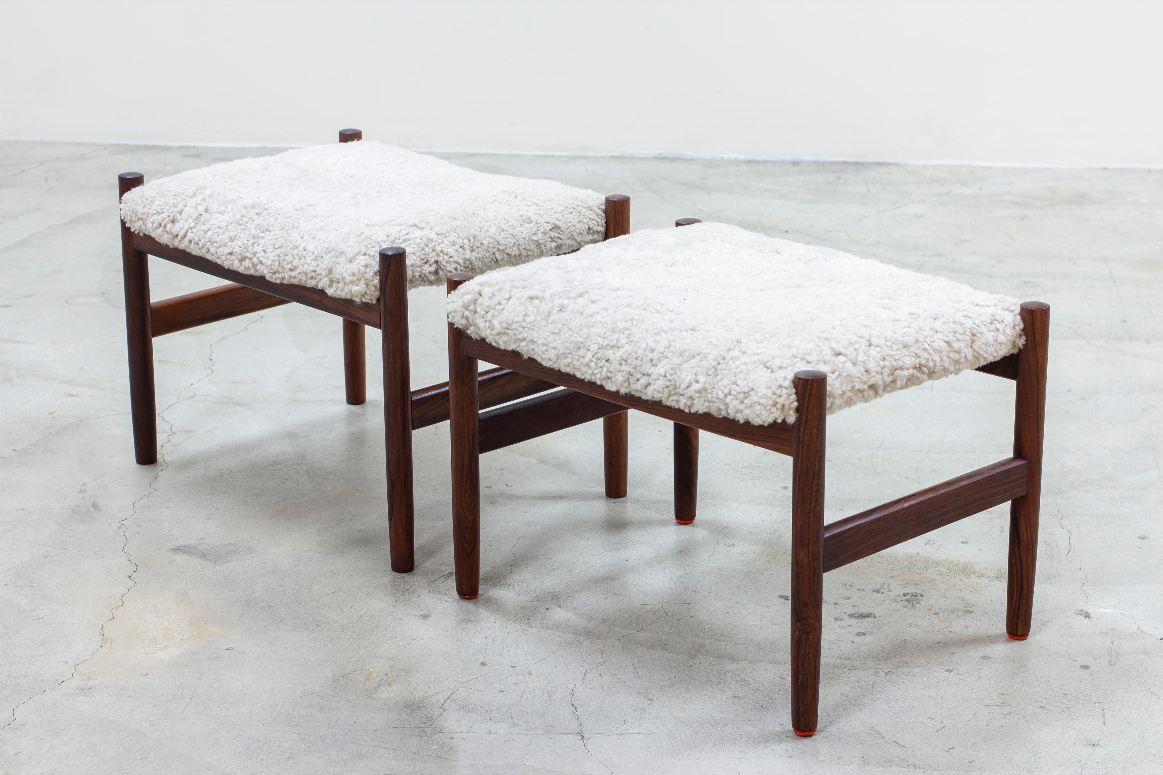 Sheepskin and walnut stools by Hugo Frandsen, Spøttrup, Denmark For Sale 1