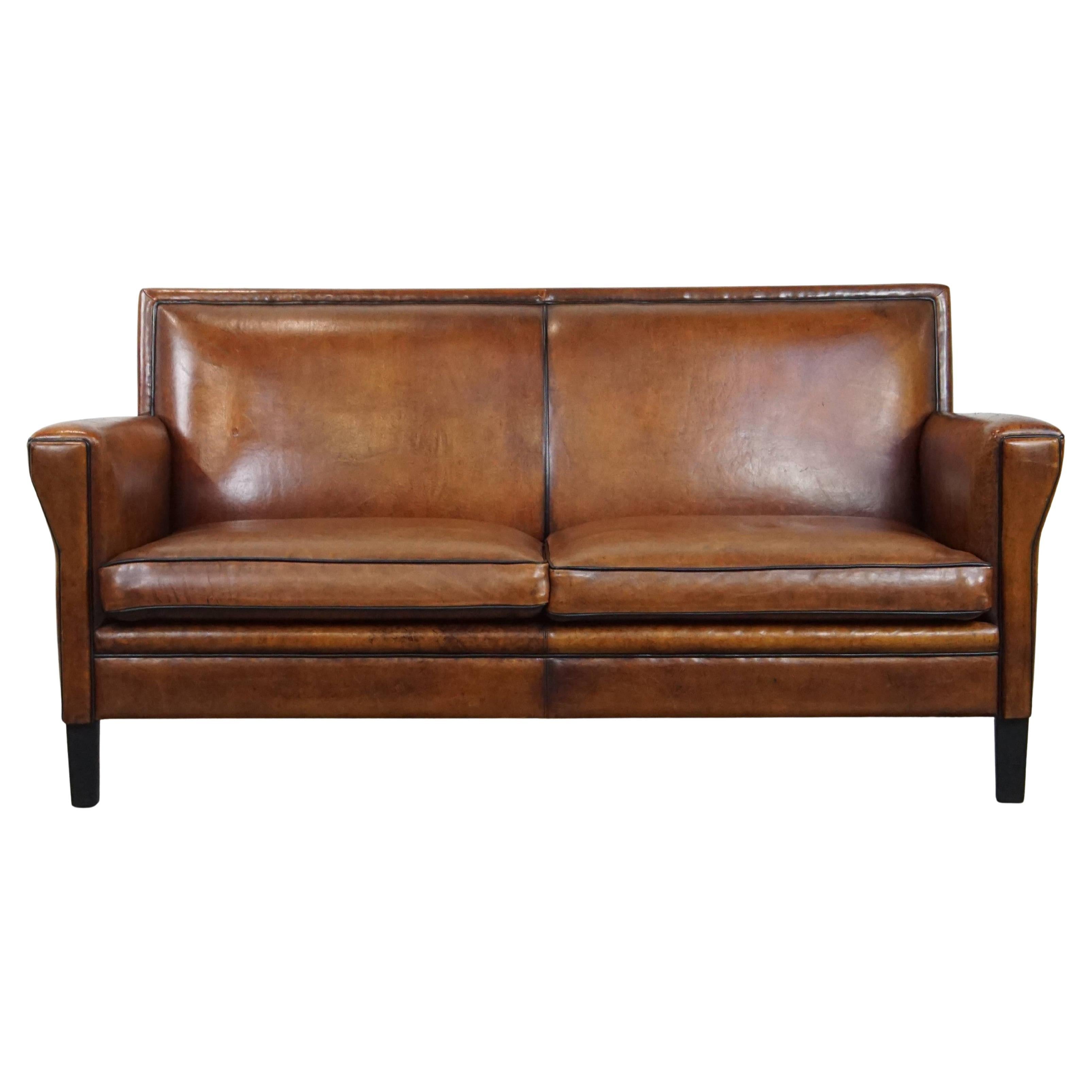 Sheepskin Leather 2-Seater Art Deco Sofa