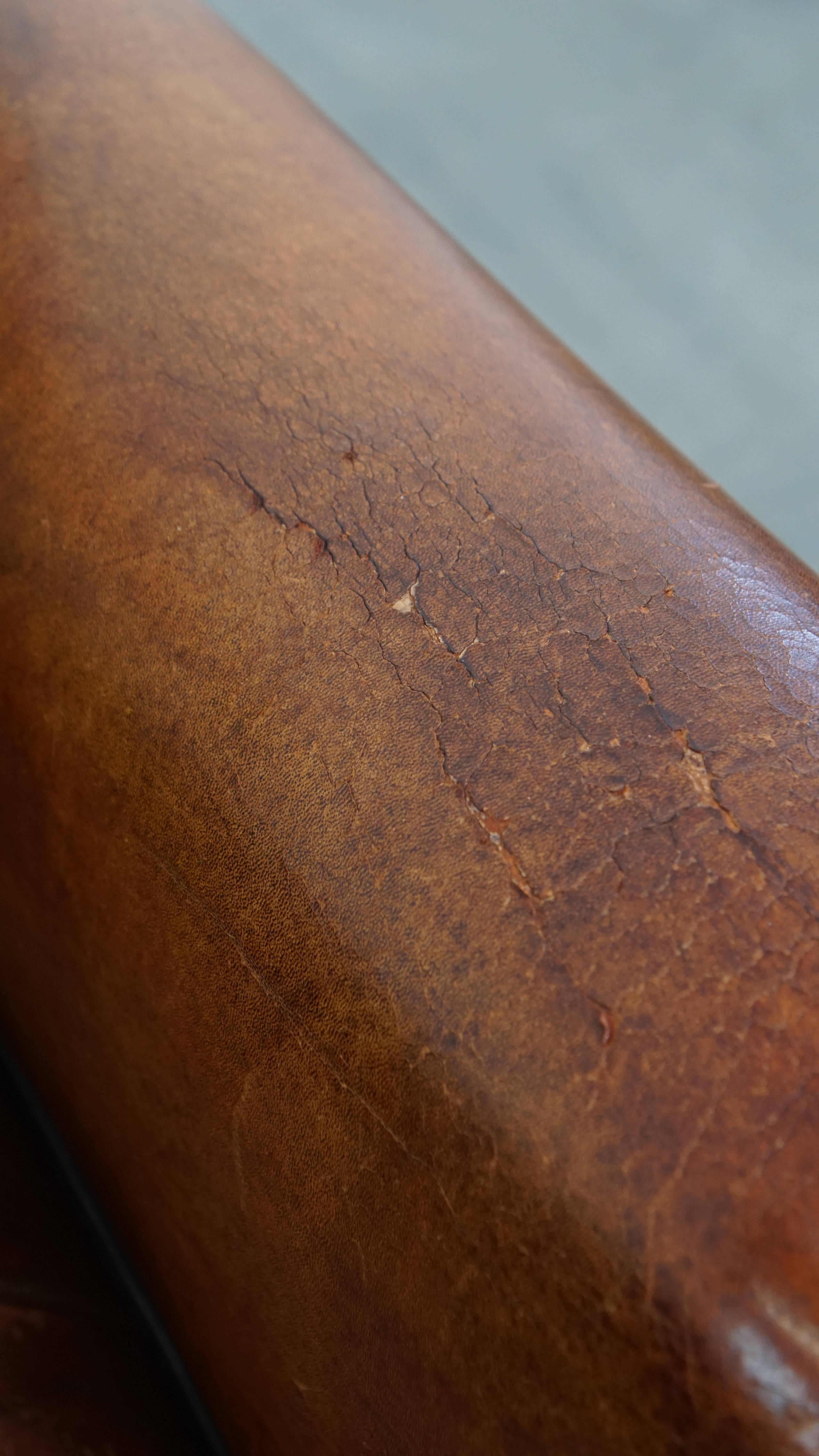 Sheepskin leather armchair in a cognac color with black piping For Sale 7