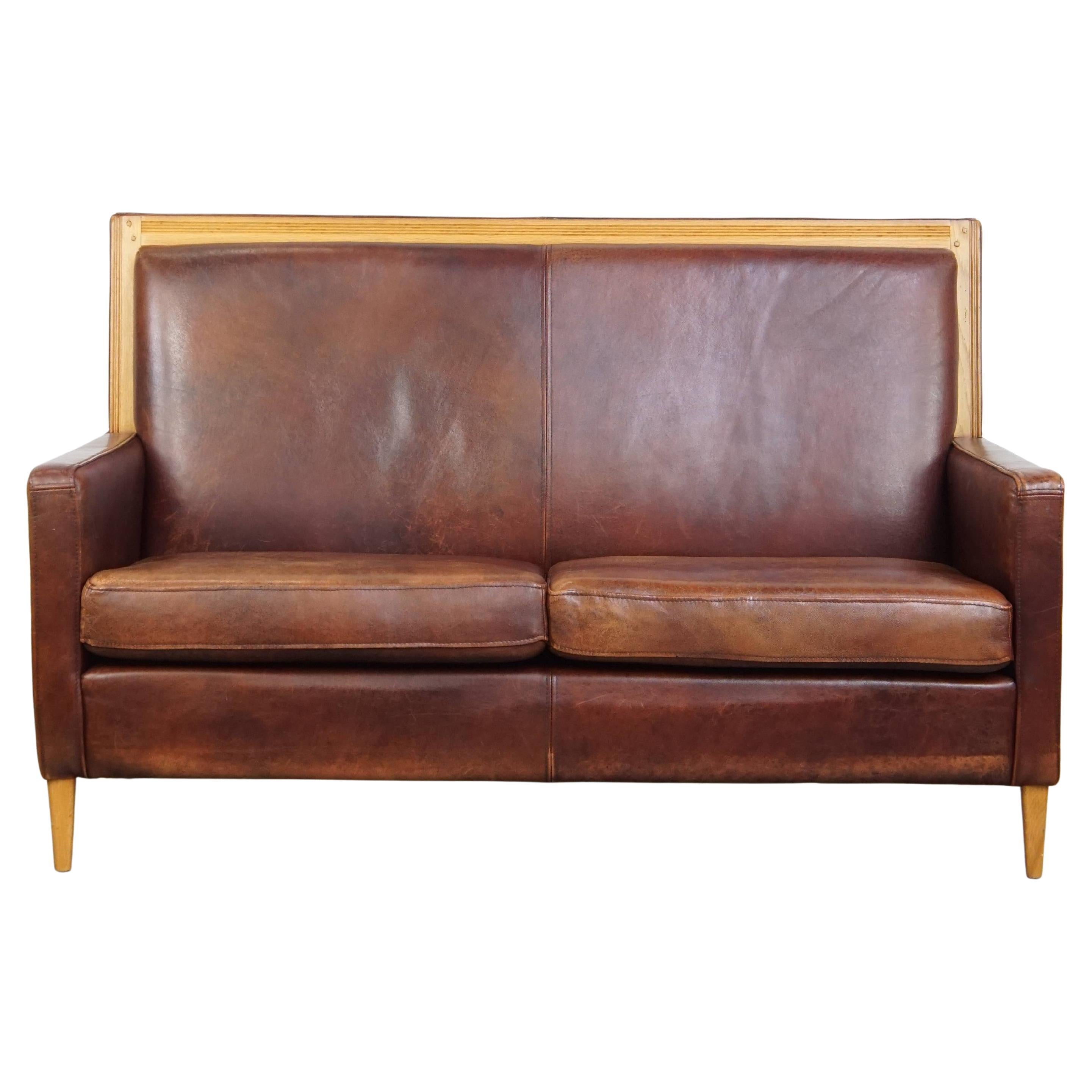 Sheepskin Leather Art Deco Design 2-Seater Sofa with Wooden Details
