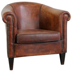 Vintage Sheepskin Leather Cognac Club Chair circa 1950s