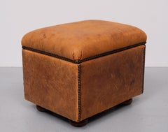 Sheepskin  Leather pouf or Ottoman with storage  1970s