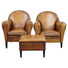 Sheepskin Leather Set of 2 Armchairs and an Ottoman