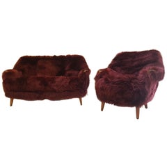 Vintage Sheepskin Newly Upholstered 1950s, Teak Sofa and Armchair for Bröderna Anderson