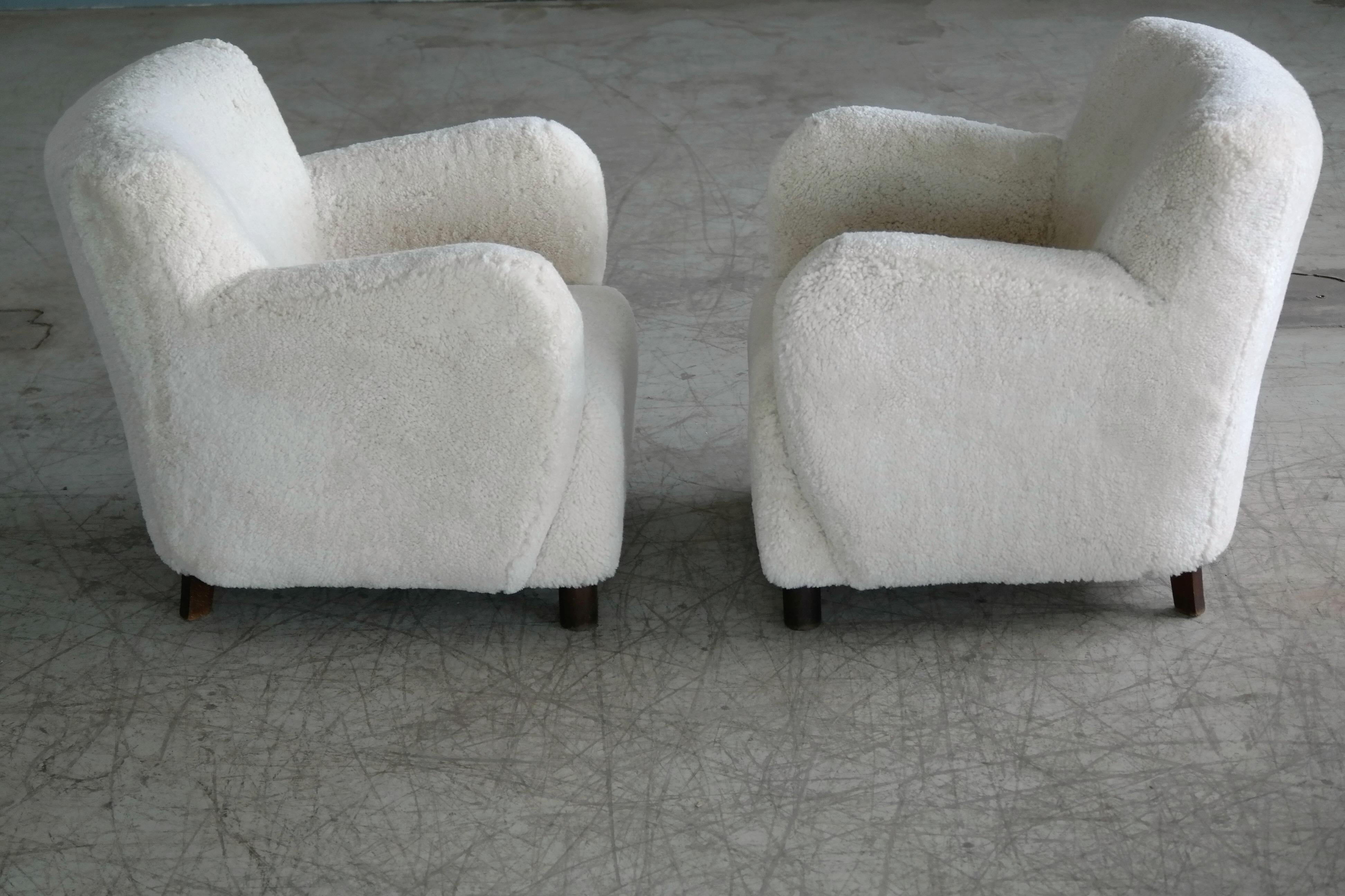 Danish Sheepskin Pair of Club Chairs Attributed to Flemming Lassen Denmark, 1940s