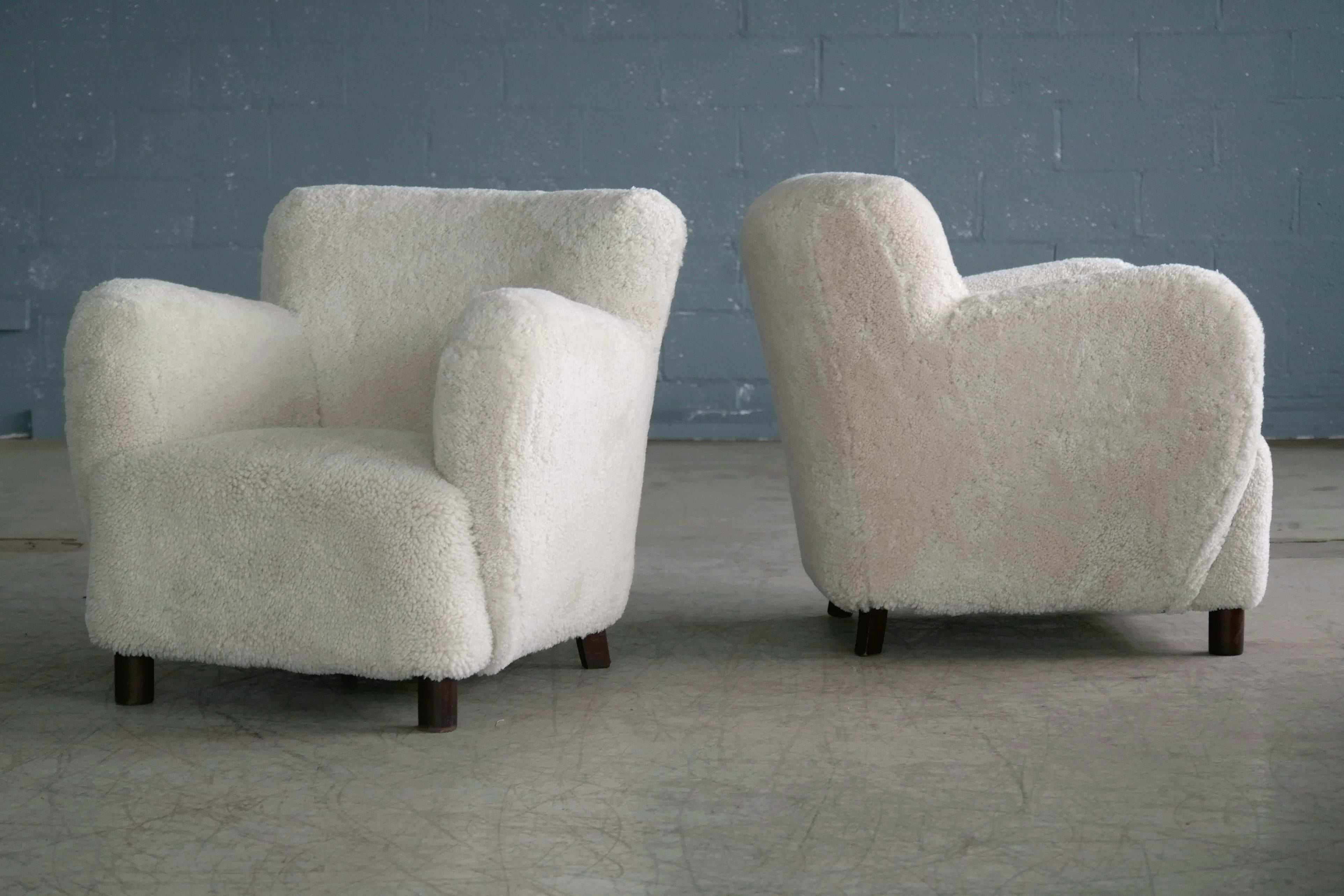 Mid-20th Century Sheepskin Pair of Club Chairs Attributed to Flemming Lassen Denmark, 1940s