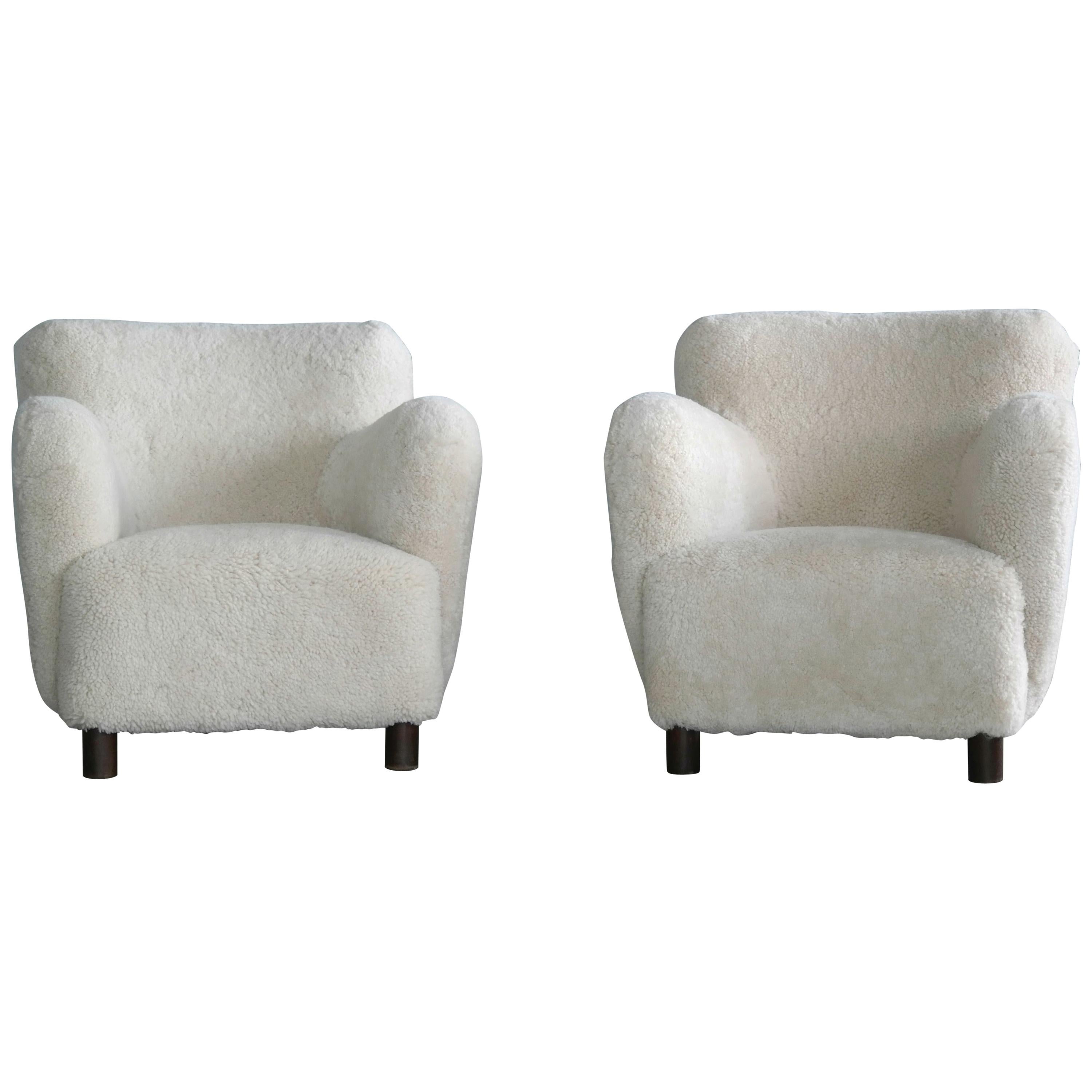 Sheepskin Pair of Club Chairs Attributed to Flemming Lassen Denmark, 1940s