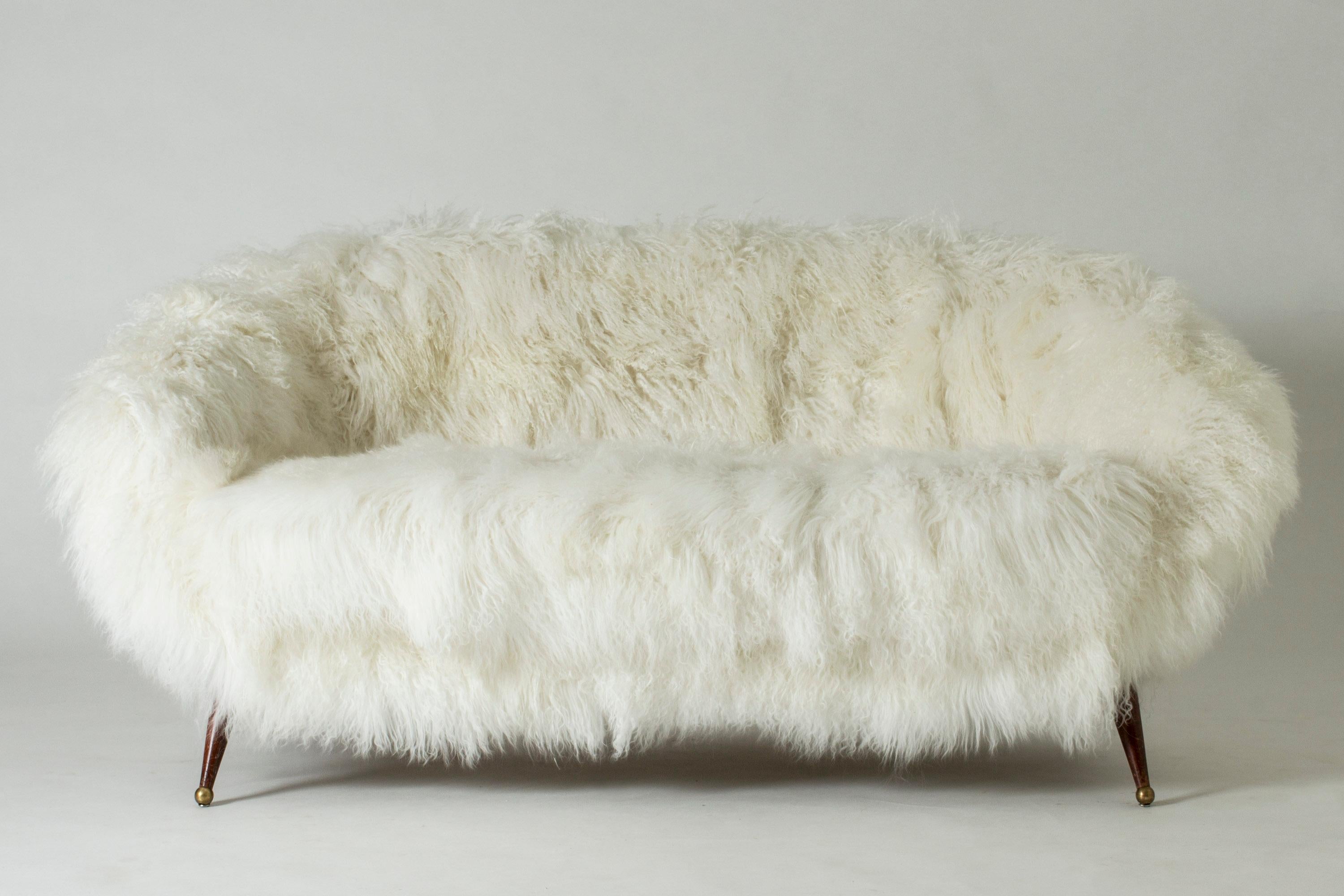 Stunning “Tellus” sofa by Folke Jansson, upholstered with white, Tibetan sheepskin. Rounded, wide and low design with slender legs with brass balls as feet.