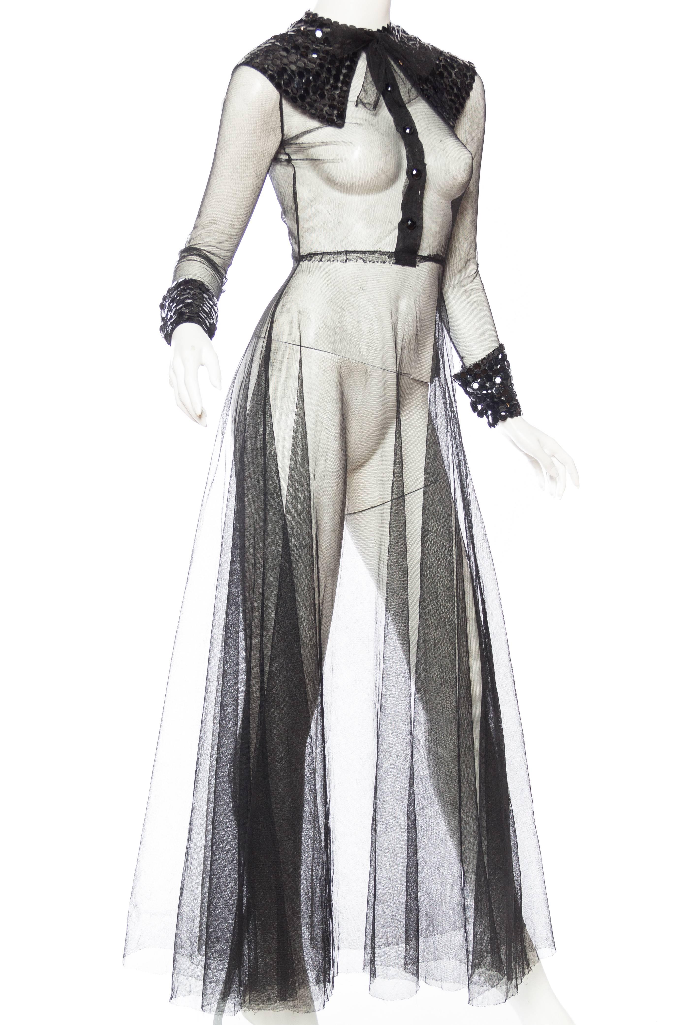 Robe en filet transparent avec nœud et col à paillettes de style Gucci, années 1930 Excellent état - En vente à New York, NY