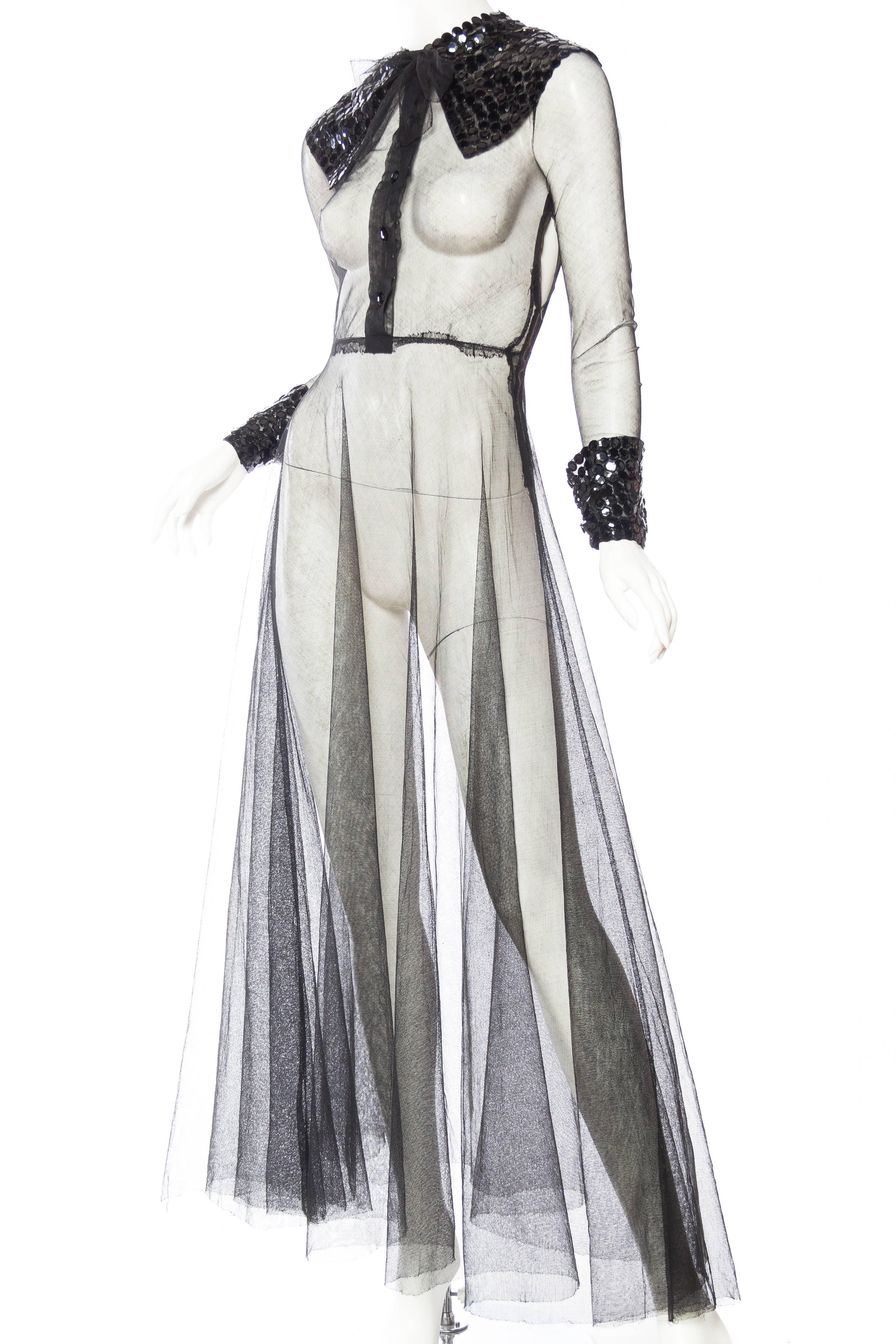 Robe en filet transparent avec nœud et col à paillettes de style Gucci, années 1930 Pour femmes en vente
