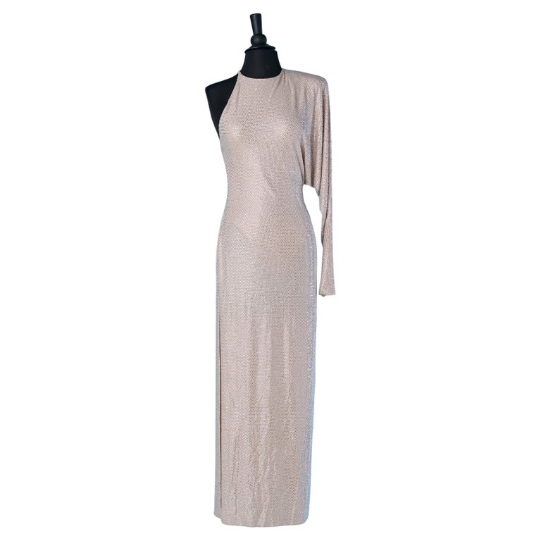 asymmetrical sheer dress Asymmetrical Satin and Sparkle Mesh High Slit Gown