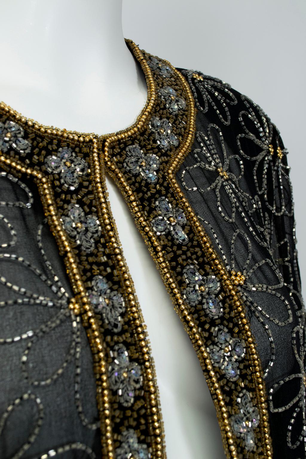 Sheer Indian Black Silk and Gold Bead Kaftan Coat - M-L, 1980s In Excellent Condition For Sale In Tucson, AZ
