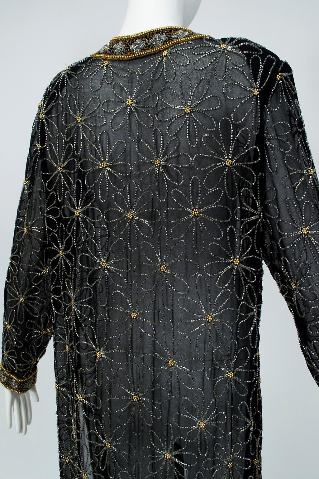 Women's Sheer Indian Black Silk and Gold Bead Kaftan Coat - M-L, 1980s For Sale