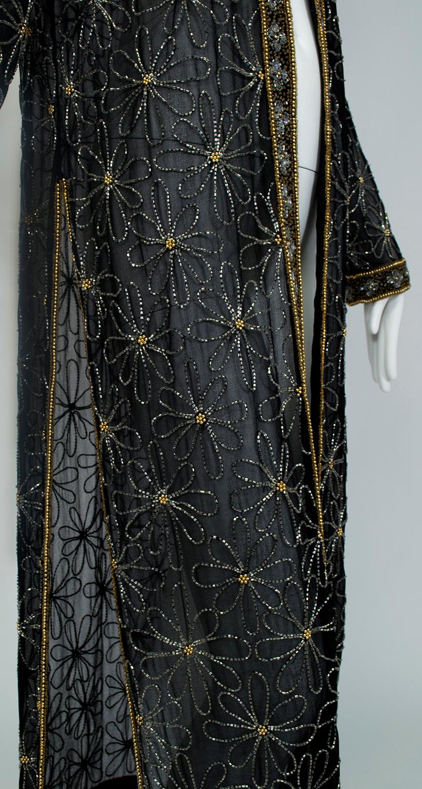 Sheer Indian Black Silk and Gold Bead Kaftan Coat - M-L, 1980s For Sale 1