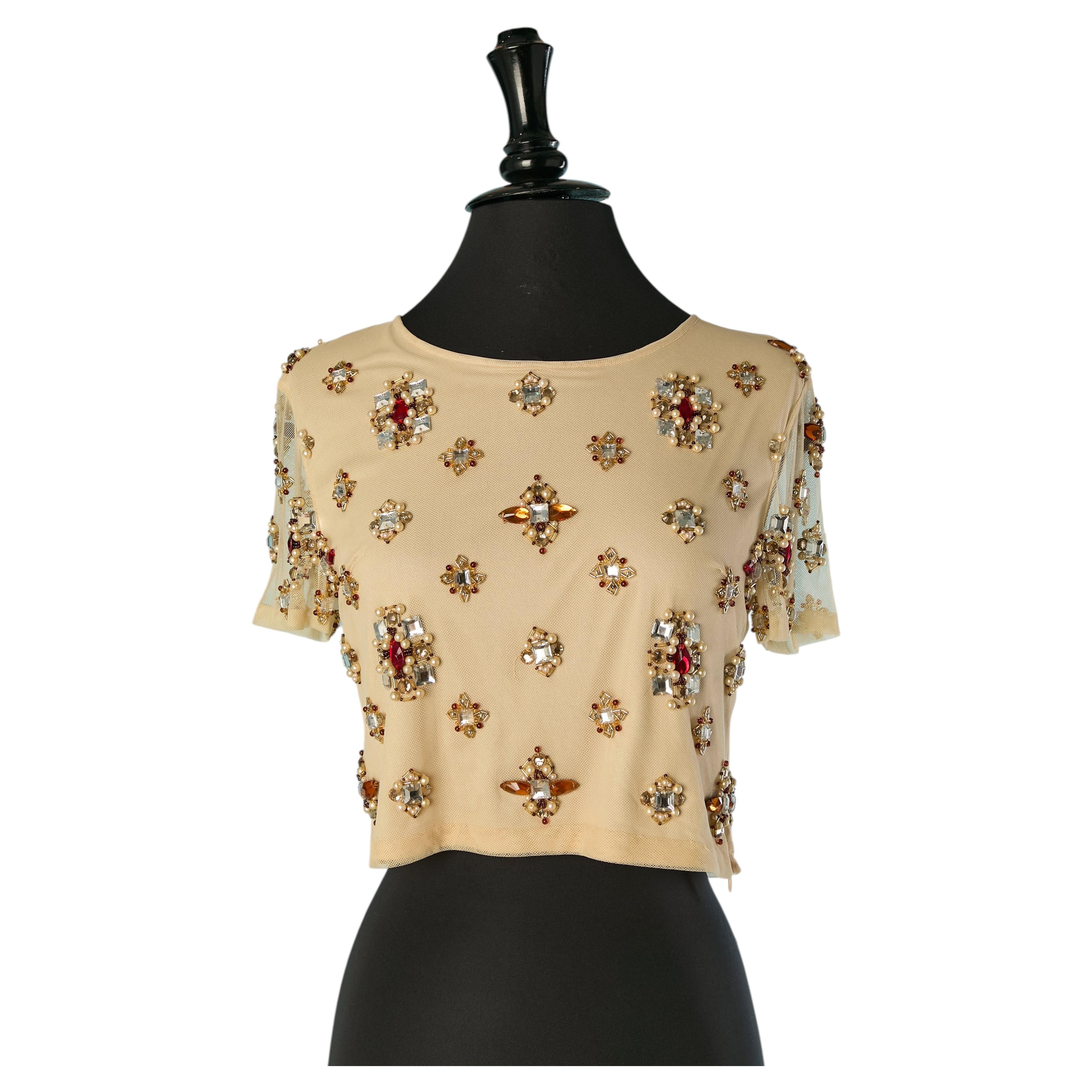 T-shirt en tulle de nylon transparent orné de perles GIANFRANCO FERRE Studio