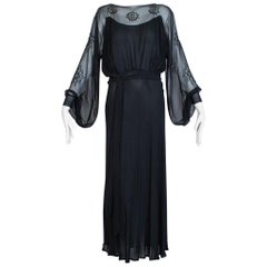 Sheer Black Crystal Bead and Crêpe Illusion Gown with Bellows Sleeves - M, 1930s