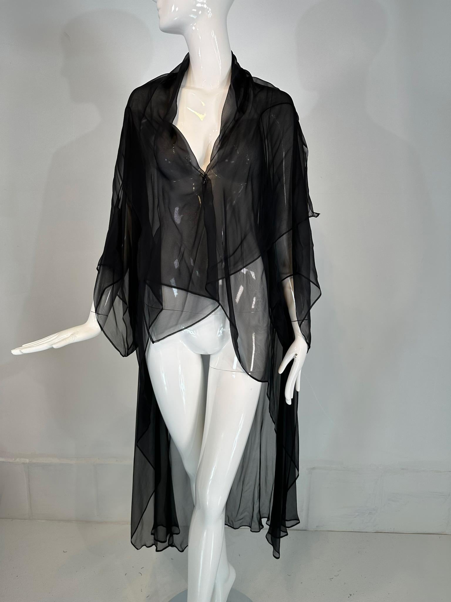 Sheer Black Silk Chiffon Kimono Robe Négligée Lingerie 9