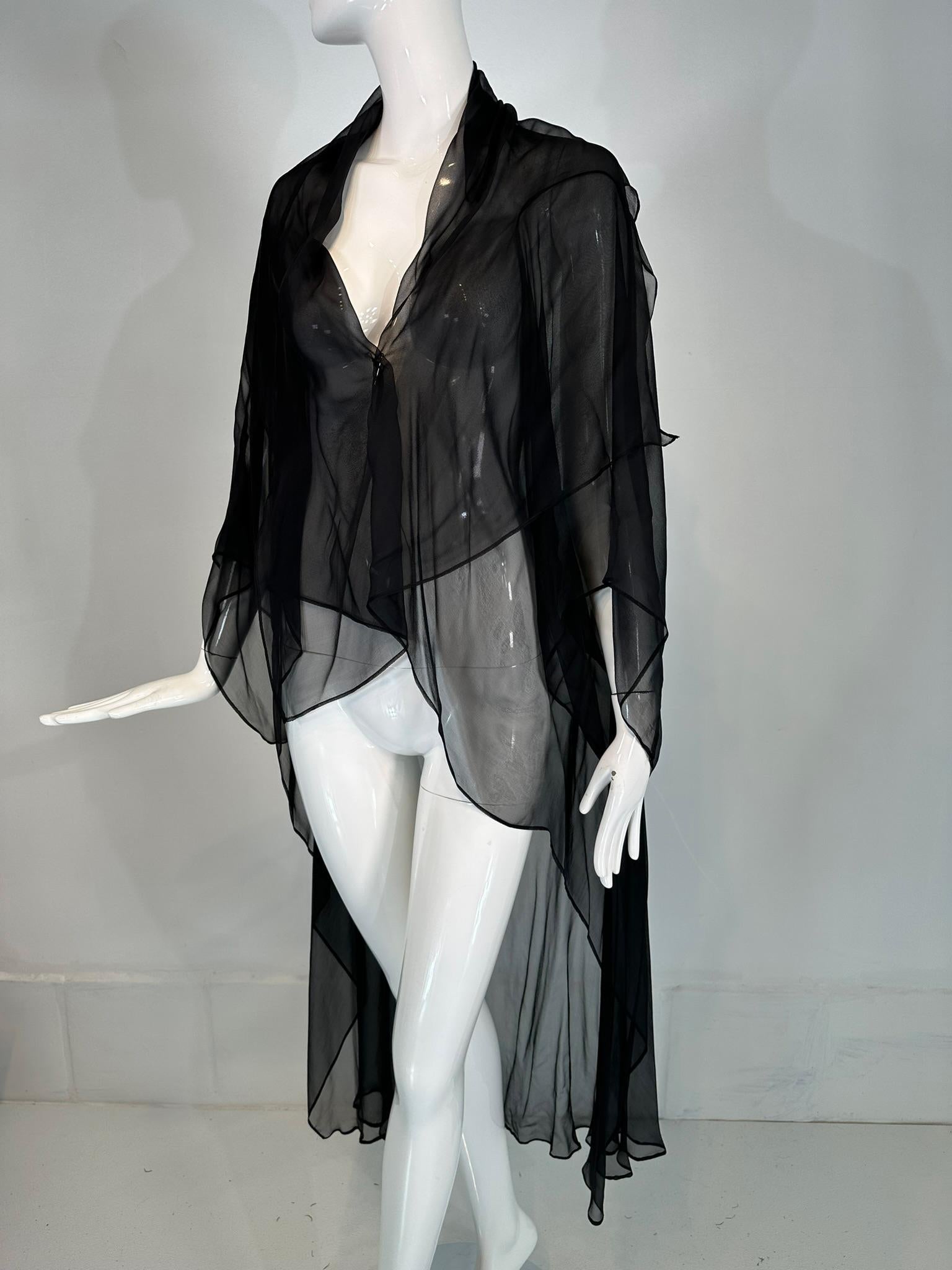 Sheer black silk chiffon kimono, robe, négligée, lingerie from the 1990s. Amazing robe with a kimono style top, the front is short with curved sides and a deep draped shawl collar, kimono sleeves, the back is full & long. Sheer with finished seams