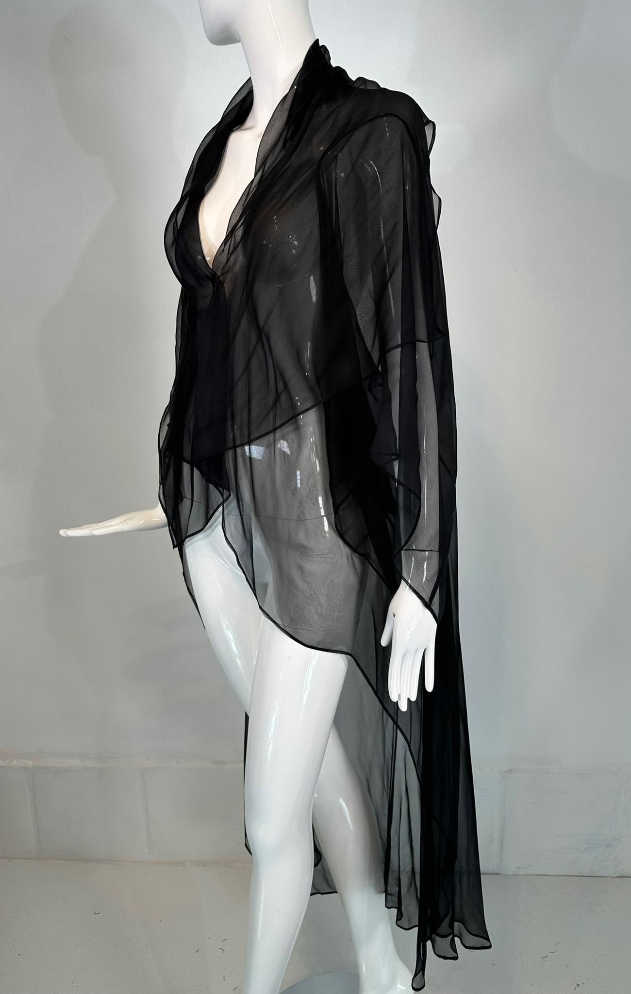 Sheer Black Silk Chiffon Kimono Robe Négligée Lingerie In Good Condition In West Palm Beach, FL