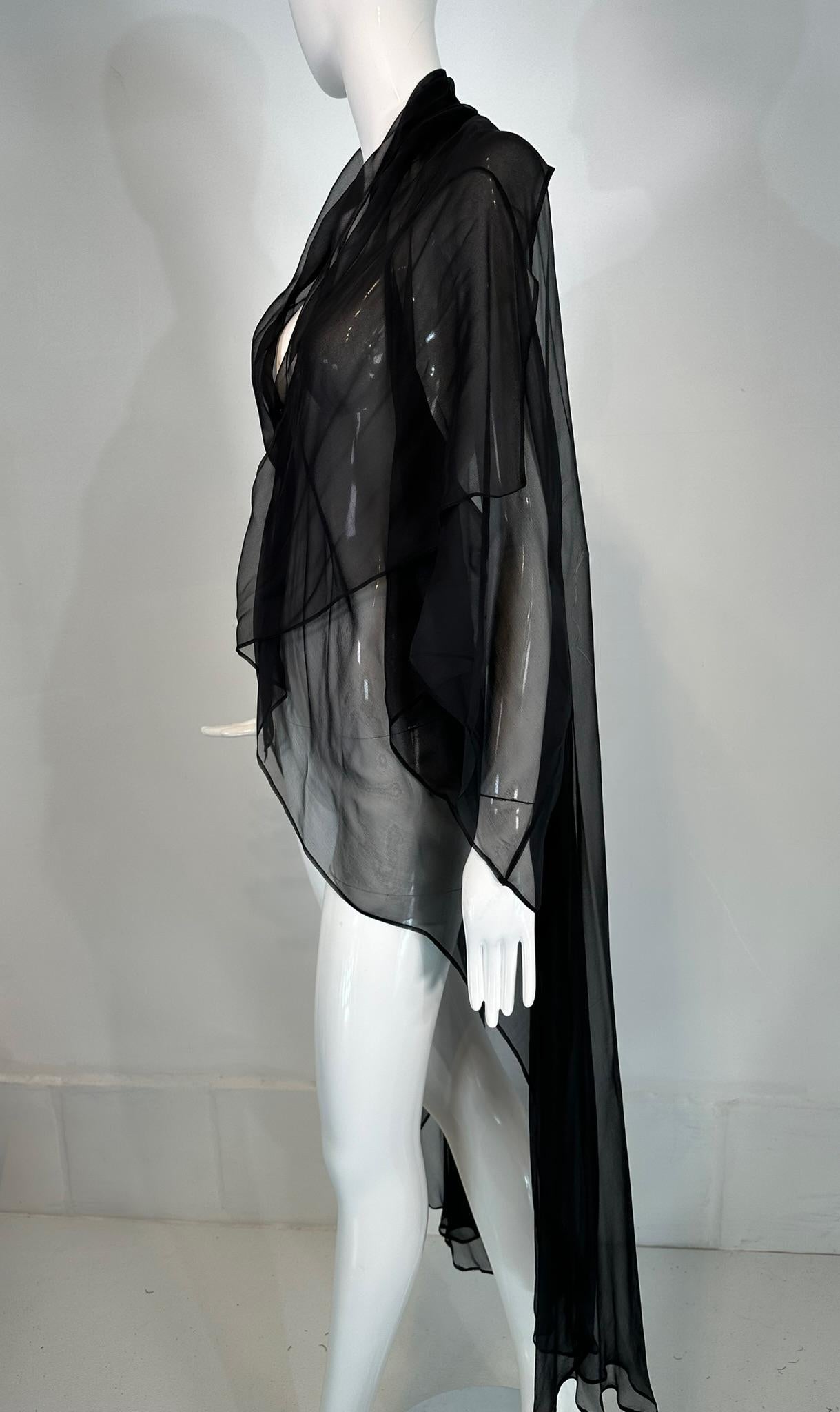 Women's Sheer Black Silk Chiffon Kimono Robe Négligée Lingerie
