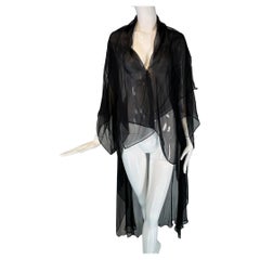 Vintage Sheer Black Silk Chiffon Kimono Robe Négligée Lingerie