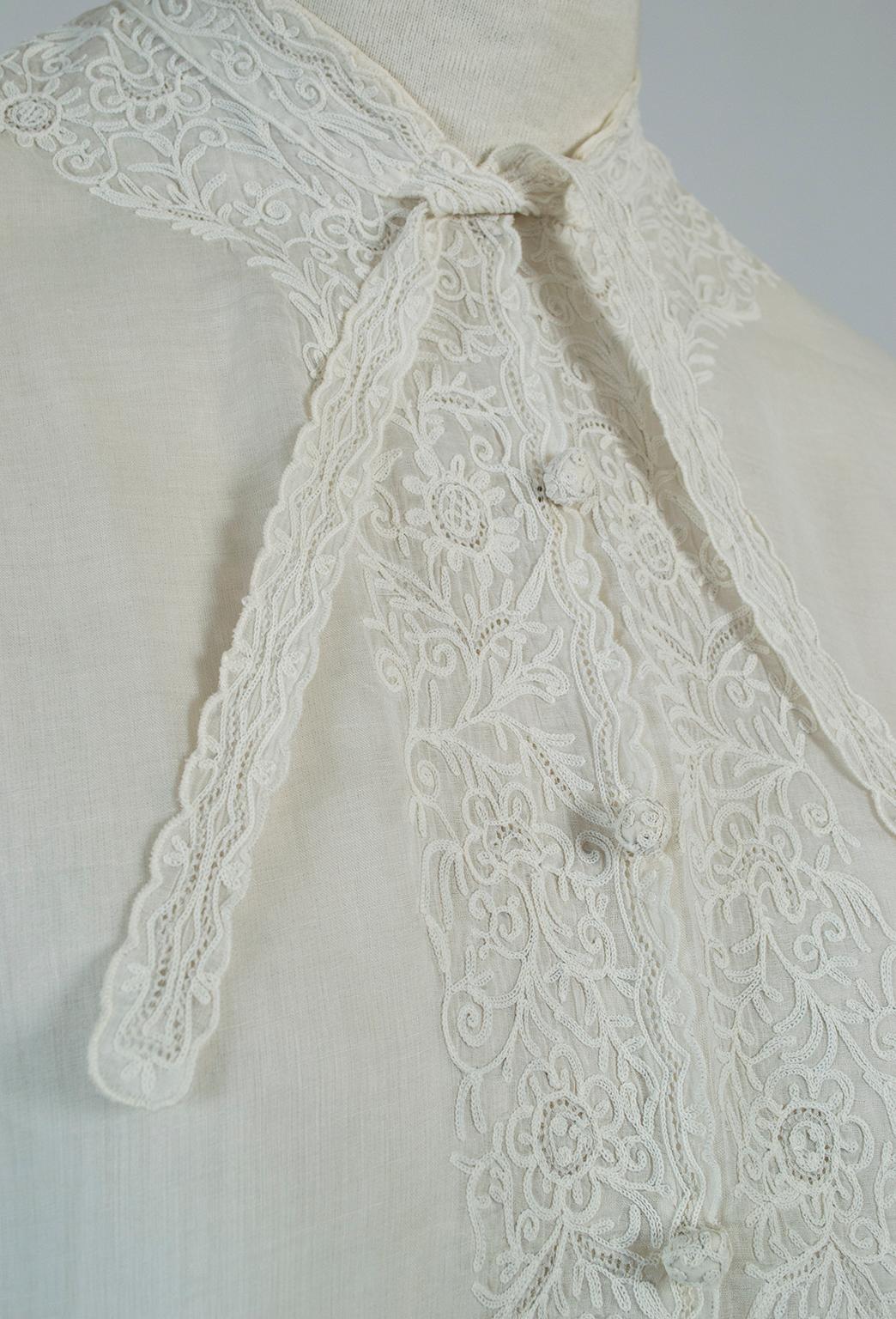 Gray Edwardian Sheer Ecru Tie Neck Crewel Work Neckcloth Shirtfront Dickey-S-M, 1910s For Sale