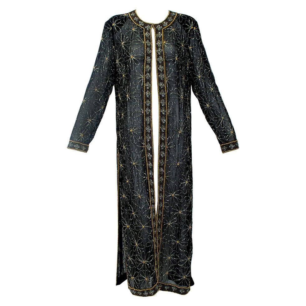Sheer Indian Black Silk and Gold Bead Kaftan Coat - M-L, 1980s For Sale
