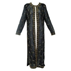 Manteau caftan indien transparent en soie noire et perles dorées, taille M-L, années 1980