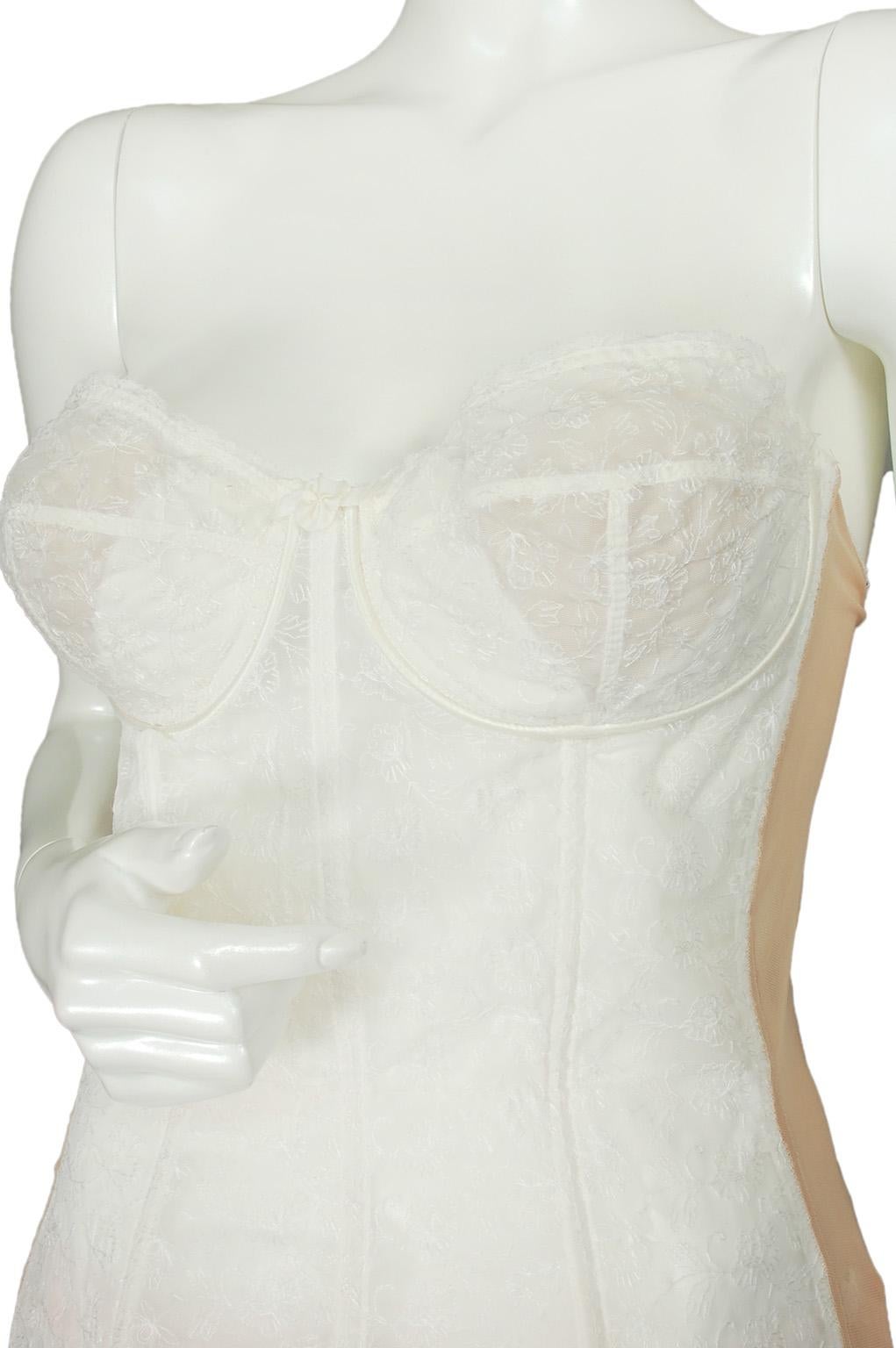 Gray Sheer Ivory Embroidered Wedding Bustier Corset w Garter Straps – 38-44C, 1950s For Sale