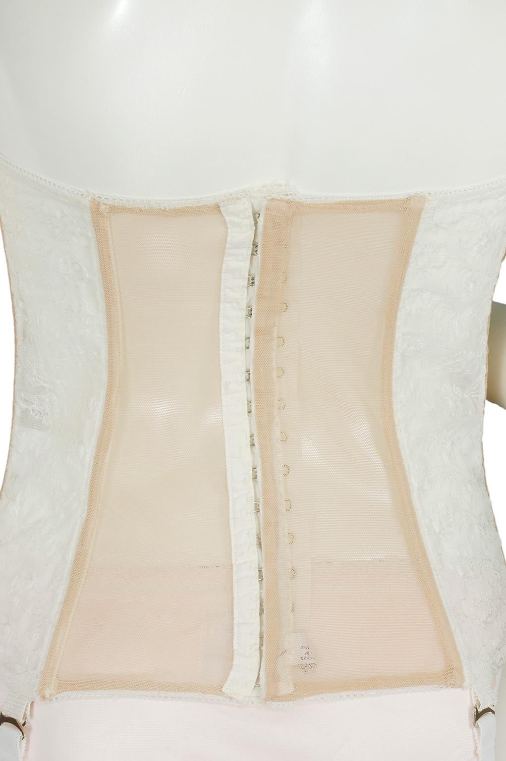 Sheer Ivory Embroidered Wedding Bustier Corset w Garter Straps – 38-44C, 1950s In Excellent Condition For Sale In Tucson, AZ
