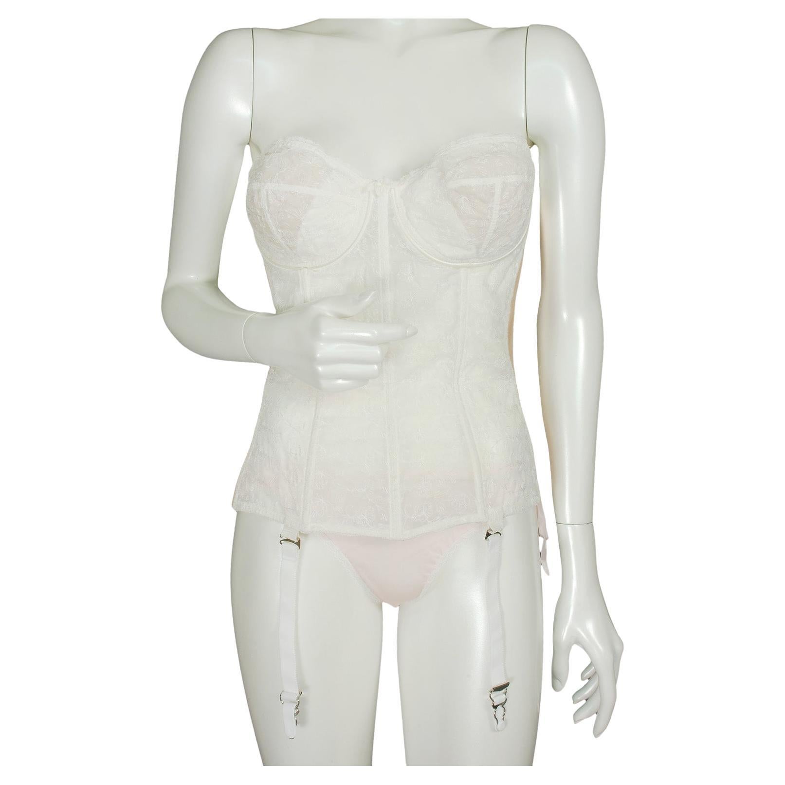 Bustier de mariage ivoire transparent brodé avec bretelles en grenat avec corset 38-44C, années 1950