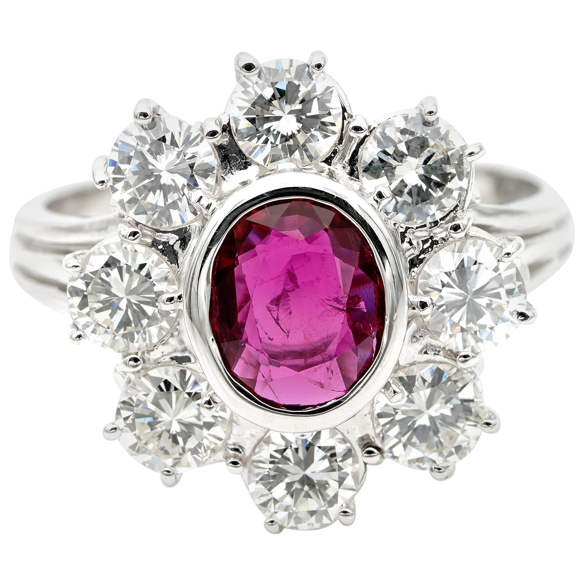 Sheer Quality Natural Thai Ruby 1.80 Carat F IF VVS Diamond Halo Ring For Sale